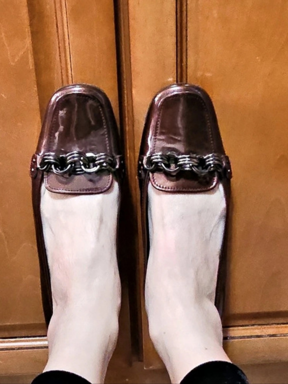 Prada Brown Patent Leather Square Toe Chain Flats Loafers Size 38.5